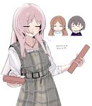  3girls bang_dream! bang_dream!_it's_mygo!!!!! blue_eyes brown_hair chihaya_anon closed_eyes commentary dress fang grey_dress grey_hair highres implied_yuri long_hair long_sleeves multiple_girls nagasaki_soyo open_mouth peke_(pekeiscat) pinafore_dress pink_hair plaid_clothes plaid_dress shirt short_hair simple_background sleeveless sleeveless_dress takamatsu_tomori translation_request valentine white_background white_shirt 
