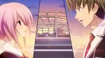  1boy 1girl architecture black_bow black_jacket black_pants blazer bow breasts building chaos;child chaos;child_love_chu_chu!! chest_bow cityscape cloud cloudy_sky cropped_jacket dress_vest game_cg green_hair hair_bow hekiho_academy hekiho_academy_uniform highres jacket kawahara_masashi ladder lapels light_blush long_hair looking_at_another looking_down medium_breasts minamisawa_senri miniskirt multiple_hair_bows necktie notched_lapels official_art on_roof on_rooftop orange_sky outdoors pants pink_hair red_eyes red_necktie rooftop sailor_collar sailor_shirt sasaki_mutsumi school_emblem shiny_skin shirt short_hair skirt sky skyscraper sunset tennis tennis_court tennis_net thick_thighs thighs twilight twintails very_short_hair white_sailor_collar 
