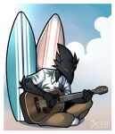 2023 5_fingers acoustic_guitar aloha_shirt anthro arm_tuft avian beach beak bird black_body black_fur border cheek_tuft clothed clothing cloud collared_shirt corvid corvus_(genus) crow day digital_media_(artwork) dress_shirt elbow_tuft eyes_closed facial_tuft fingers footwear front_view full-length_portrait fully_clothed fur guitar hi_res male musical_instrument oscine outside passerine pattern_clothing pattern_shirt pattern_topwear phosphoruscrow playing_guitar playing_music plucked_string_instrument portrait ryze_(phosphoruscrow) shaded shirt shoes signature sitting soft_shading string_instrument surfboard topwear tuft watermark white_border white_clothing white_dress_shirt white_footwear white_shirt white_shoes white_topwear