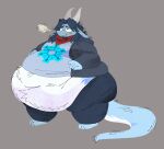 ace_(kamex) anthro belly big_belly big_butt blue_body blue_fur blue_hair bottomwear bovid breath butt caprine clothing dragon fur goat hair hand_on_belly hi_res horn hybrid ill_fitting_clothing jacket kerchief long_hair long_tail male mammal moobs morbidly_obese mythological_creature mythological_scalie mythology navel obese oshyfriend overhang overweight pants scalie shirt simple_background small_shirt solo standing sweater tail thick_thighs topwear white_body white_fur winded