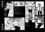  1boy absurdres antlers blood blood_from_eyes blood_on_hands coat commentary_request english_text extra_pupils greyscale highres hitchhiker_a_(randal&#039;s_friends) holding_detached_head horns male_focus medium_hair monochrome multiple_views own_hands_clasped own_hands_together randal&#039;s_friends zakuro_(kdxd87965) 