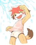  2018 anthro blush canine cub dog male mammal mamoru-kun manmosu_marimo open_mouth simple_background smile solo water white_background young 