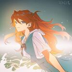  1girl blue_eyes blue_skirt blue_vest bow closed_mouth cowboy_shot dated haun long_hair looking_at_viewer neon_genesis_evangelion ocean orange_hair red_bow school_uniform shirt short_sleeves skirt smile solo souryuu_asuka_langley tokyo-3_middle_school_uniform vest white_shirt 