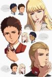  1girl 2boys adjusting_clothes adjusting_necktie black_hair blonde_hair blue_eyes blush brown_eyes brown_hair character_request check_character closed_eyes closed_mouth collared_shirt cropped_head earrings enelous english_text expressionless eyelashes gigi_andalusia grey_background grid_background gundam gundam_hathaway&#039;s_flash hair_slicked_back hand_on_own_chin hathaway_noa heart heart_earrings highres jacket jewelry kenneth_sleg lipstick long_hair looking_at_another looking_at_viewer makeup multiple_boys multiple_views necktie red_jacket red_lips shared_thought_bubble shirt short_hair smile speech_bubble spoken_heart stroking_own_chin thought_bubble turtleneck very_short_hair white_background white_shirt 