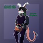 absurd_res american_opossum anthro black_clothing black_legwear black_leotard black_stockings black_thigh_highs blush bunny_costume clothing costume dialogue easter easter_egg egg embarrassed fake_ears fake_rabbit_ears fake_rabbit_tail fake_tail femboy fur green_lipstick hair hi_res holidays legwear leotard lipstick makeup male mammal marsupial piercing playboy_bunny solo stockings tail thigh_highs zarter