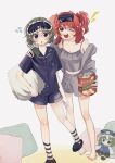  2girls alternate_costume black_eyes black_shirt black_shorts casual chips_(food) commentary doll eating eik_s2 food full_body glass green_hair grey_background grey_shorts hair_bobbles hair_ornament hand_on_another&#039;s_shoulder highres holding holding_food multiple_girls one_eye_closed onozuka_komachi pajamas pillow red_eyes red_hair shiki_eiki shirt short_hair short_sleeves shorts simple_background sleep_mask standing touhou two_side_up 
