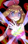  1girl bare_shoulders black_background blue_eyes bow bow_hairband bracelet brown_hair closed_mouth eyelashes fire hair_bow hairband highres inana_umi jewelry looking_at_viewer may_(pokemon) mega_evolution_symbol pokemon pokemon_oras red_bow red_hairband red_shirt shirt short_hair sleeveless sleeveless_shirt smile solo upper_body 