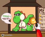 anthro blue_eyes breasts clothed clothing duo english_text female genitals gloves goombato_dibujos green_body green_yoshi handwear hi_res human mammal mario mario_bros mario_kart mario_kart_world nintendo short_tail simple_background solo speech_bubble tail text vulva yoshi yoshi_(character) yoshi_(food_slinger)