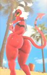3d_(artwork) armada_(artist) beach big_butt butt clothing day demon digital_media_(artwork) eyewear eyewear_on_head food freckled_butt freckles garry&#039;s_mod hair helluva_boss horn huge_butt humanoid imp light looking_at_viewer looking_back male moxxie_(helluva_boss) palm_tree plant popsicle popsicle_in_mouth red_body red_skin sand solo sunglasses sunglasses_on_head sunlight swimwear tail tongue tongue_out tree white_freckles white_hair yellow_eyes