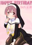  1girl black_pantyhose breast_curtains breasts brown_hair colored_inner_hair commentary_request dated english_text finger_to_cheek happy_birthday happyundergate highres hood index_finger_raised interlocked_venus_symbols large_breasts light_blush long_sleeves looking_at_viewer low_twintails multicolored_hair murosaki_miyo nun onii-chan_wa_oshimai! pantyhose pink_background red_eyes red_hair simple_background sitting smile solo twintails two-tone_hair venus_symbol 