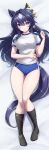  1girl absurdres animal_ears ass_visible_through_thighs black_socks blue_buruma blue_hair buruma commission dakimakura_(medium) ear_covers from_above full_body gym_shirt gym_uniform hair_between_eyes heart_ear_ornament highres horse_ears horse_girl horse_tail long_hair looking_at_viewer lying mole mole_under_eye on_back pataneet purple_eyes sample_watermark shirt single_ear_cover skeb_commission smile socks solo t-shirt tail thigh_gap umamusume verxina_(umamusume) watermark white_hair white_shirt 