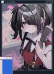  1girl absurdres ame-chan_(needy_girl_overdose) artist_name black_hair black_ribbon black_skirt blood blood_on_hands blood_on_knife blush collar commentary_request computer_keyboard ear_piercing glass hair_ornament hair_over_one_eye highres holding holding_knife hue_0813 knife light_smile monitor needy_girl_overdose piercing pink_background purple_eyes red_shirt ribbon self-harm_scar shirt skirt solo suspender_skirt suspenders tears twintails white_collar window_(computing) x_hair_ornament 