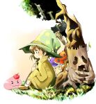  1girl :3 apple blush brown_dress brown_eyes brown_hair brown_shoes closed_mouth commentary_request creature dress food fruit full_body grass green_hat hat holding holding_staff mushroom outdoors poison_spore poring print_hat profile ragnarok_online shoes short_hair sitting slime_(creature) smile solo spore_(ragnarok_online) staff star_(symbol) star_print tree ushiro_hayahiro white_background willow_(ragnarok_online) witch_hat wizard_(ragnarok_online) 