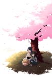  2girls anchor_print black_hair black_socks blue_neckerchief blue_skirt blush brown_hair cherry_blossoms commentary_request commission detached_sleeves fubuki_(kancolle) full_body fusou_(kancolle) green_eyes grey_shoes headgear kantai_collection kneehighs knees_up long_hair long_skirt long_sleeves looking_at_viewer ma_rukan multiple_girls neckerchief nontraditional_miko on_grass pleated_skirt red_skirt shirt shoes short_sleeves sidelocks sitting skeb_commission skirt sleeping smile socks translation_request tree under_tree white_background white_shirt white_sleeves wide_sleeves 