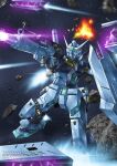  asaba_naoto asteroid beam_rifle char&#039;s_counterattack commentary energy_gun exhaust explosion fin_funnels firing flying gun gundam gundam_msv highres holding holding_gun holding_weapon mecha mecha_focus mobile_suit no_humans nu_gundam_mp_type robot science_fiction shield solo space star_(sky) thrusters v-fin weapon white_eyes 