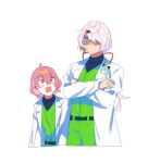  1boy 1girl animal animal_in_clothes aqua_eyes belt black_undershirt borrowed_hairstyle coat crossed_arms earrings floating_earrings green_pants green_shirt hair_ornament hairclip holiuvre_318 jewelry lab_coat leos_vincent long_hair mameneko_(leos_vincent) mouth_hold nijisanji pants pink_eyes pink_hair red_ribbon ribbon sasaki_saku shiina_yuika shirt shirt_tucked_in short_hair stalk_in_mouth virtual_youtuber white_coat white_hair wig 