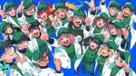  6+boys 6+girls asuka_hina baseball_cap baseball_mitt belt black_belt black_hair blonde_hair blue_background bonnivier_pranaja bow braid brown_hair chappa_(chabaco0401) closed_eyes commentary_request earpiece facial_hair from_above glasses goatee green_eyes green_hair green_hat green_pants green_shirt grey_eyes grey_hair grin hair_bobbles hair_bow hair_ornament hair_over_one_eye hat highres horns kagami_hayato kanda_shouichi kitakoji_hisui lain_paterson leos_vincent long_hair looking_at_viewer mameneko_(leos_vincent) medium_hair multicolored_hair multiple_boys multiple_girls nijisanji oh_jiyu oliver_evans one_eye_closed onomachi_haruka pants pink_eyes pink_hair pointing pointy_ears purple_hair red_bow red_hair ren_zotto saiki_ittetsu sasaki_saku shibuya_hajime shirt shoes short_hair side_ponytail single_braid smile streaked_hair sweat takamiya_rion teeth todo_kohaku twintails uki_violeta 
