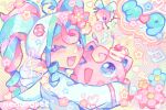  1girl 39 ;d ahoge alternate_color aqua_hair bug_miku_(project_voltage) cake colorful commentary crossover english_commentary fairy_miku_(project_voltage) flower food fusion hair_flower hair_ornament hat hatsune_miku heisei_retro highres holding holding_pokemon hue_shifting jigglypuff long_hair looking_at_viewer multicolored_hair musical_note neogeopet one_eye_closed open_mouth pink_hair pokemon pokemon_(creature) project_voltage ribombee school_uniform serafuku shiny_pokemon smile solo star_(symbol) treble_clef twintails two-tone_hair upper_body vocaloid yellow_background yume_kawaii 