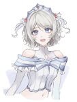  1girl absurdres arms_at_sides bare_shoulders blue_eyes bow breasts brown_hair clothing_cutout crop_top crown dress frills grey_hair hair_ornament heart highres koi_ni_naritai_aquarium looking_at_viewer love_live! love_live!_sunshine!! midriff navel open_mouth seki8273 short_hair simple_background smile solo stomach tiara upper_body watanabe_you wavy_hair white_background 