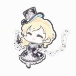  1girl ^_^ animated animated_gif bare_shoulders black-white_encounter_(shining_nikki) black_dress black_eyes black_gloves black_hat black_ribbon black_shoes blinking blonde_hair blush_stickers chibi chinese_commentary closed_eyes closed_mouth collar commentary_request detached_collar dress eyelashes frilled_collar frilled_dress frilled_socks frills gloves hair_over_shoulder happy hat hat_ornament layered_dress long_hair looking_at_viewer looping_animation mary_janes medium_dress mini_hat mini_top_hat musical_note musical_note_hat_ornament musical_staff neck_ribbon nikki_(series) pleated_dress ribbon shining_nikki shoes simple_background sleeveless sleeveless_dress smile socks solid_circle_eyes solo sparkle top_hat white_background white_collar white_dress white_socks xiaoyu_qixing 