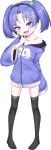  1girl absurdres black_hairband black_thighhighs blush collarbone discord fang flat_chest full_body hair_ornament hairband headset highres hood hooded_jacket jacket long_sleeves looking_at_viewer mesugaki no_shoes nomorakazu open_mouth original personification pigeon-toed purple_eyes purple_hair purple_jacket short_hair simple_background single_bare_shoulder skin_fang solo standing thighhighs toes transparent_background twintails wide_sleeves 