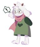  ! 1boy animal_ears arms_behind_back barefoot blush cloak closed_mouth deltarune english_commentary fangs furry furry_male goat_boy goat_ears goat_horns green_cloak heart horns looking_down lowres male_focus marustonks pink_scarf ralsei round_eyewear scarf skin_fangs smile spoken_exclamation_mark white_background 