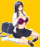  akiyama_mio bag baiyin black_footwear black_skirt blue_eyes blue_hair blush bra breasts duffel_bag frilled_bra frills full_body hands_on_own_breasts highres k-on! kneehighs large_breasts long_hair looking_at_viewer navel orange_background purple_bra shoes_removed sitting skirt underwear wariza white_legwear 