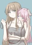  2girls animal_ears bang_dream! bang_dream!_it&#039;s_mygo!!!!! biting biting_neck blue_background blue_eyes breasts brown_hair camisole chihaya_anon cleavage closed_mouth commentary_request dazhong_(dazhong02312) dog_ears grabbing_another&#039;s_breast grabbing_from_behind grey_camisole groping highres holding holding_leash large_breasts leash long_hair multiple_girls nagasaki_soyo pink_hair simple_background upper_body yuri 