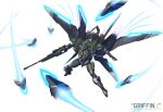  absurdres commission copyright_name counter:side flying glowing gun highres holding holding_gun holding_weapon maxilax mecha mechanical_wings mobile_suit no_humans open_hand rifle robot science_fiction solo thrusters weapon white_background wings 