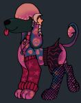 2025 ambiguous_gender armwear black_background blep bottomwear bow_ribbon canid canine canis clothing collar coontail_hair countershading domestic_dog feral fishnet_clothing fishnet_legwear hair hair_over_eyes hi_res jackrabbit_(artist) jewelry legwear mammal necklace pawpads simple_background skirt smile solo sparklefur spiral standing tongue tongue_out