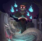 2019 anthro apode arm_spikes biped black_body black_clothing black_dress black_hat black_headwear bone book breasts cemetery claws cleavage clothed clothing cobra crossed_arms domestic_cat dress duo eyes_closed fangs felid feline felis female fuf halloween hat headgear headwear hi_res holding_book holding_object holidays legless lying lying_on_ground magic magic_user male mammal medium_breasts night nude on_back on_ground open_mouth open_smile outside plant reptile scalie sharp_teeth shoulder_spikes skeleton sleeves smile snake spikes spikes_(anatomy) standing teeth translucent translucent_body tree witch_hat