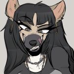 1:1 2025 anthro black_eyeshadow black_hair black_nose ear_piercing ear_ring eyebrow_through_hair eyebrows eyelashes eyeshadow fangs female grey_background grey_eyes hair headshot_portrait hi_res hoop_ear_ring hyena licking licking_lips long_eyelashes long_hair looking_at_viewer makeup mammal naughty_face neck_chain piercing portrait ring_piercing shutupjen simple_background smile solo teeth tongue tongue_out translucent translucent_hair
