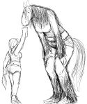  2016 anthro beverage black_and_white clothed clothing donk_sis donkey draft_horse drinking_straw duo equine feathering female fetlocks fur hair hairy hladilnik horse mammal monochrome shirt shorts simple_background size_difference sketch standing tall tank_top tinker_(hladilnik) 