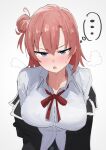  1girl black_jacket blazer blue_eyes blush bow breasts commentary_request hair_bun highres jacket large_breasts looking_at_viewer open_mouth orange_hair red_bow school_uniform shirt simple_background single_hair_bun single_side_bun sobu_high_school_uniform solo tori_no_shigure_ni white_background yahari_ore_no_seishun_lovecome_wa_machigatteiru. yuigahama_yui 