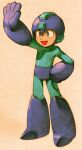  1990s_(style) 1boy android arm_cannon bengus blue_bodysuit blue_eyes blue_helmet bodysuit game_cg hand_on_own_hip helmet highres male_focus marvel marvel_vs._capcom marvel_vs._capcom_2 mega_man_(character) mega_man_(series) non-web_source official_art open_mouth retro_artstyle robot scan simple_background smile solo standing waving weapon 