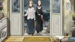  5girls bag bird black_shoes blonde_hair blue_eyes blue_skirt blue_umbrella book brown_shoes chicken clumsy_nun_(diva) commentary diva_(hyxpk) duck english_commentary english_text flower green_umbrella grey_hair hedge highres holding holding_bag holding_umbrella little_nuns_(diva) mother_and_daughter motion_blur multiple_girls note nun photo_(object) rain red_umbrella shirt shoes skirt smug_nun_(diva) strict_nun&#039;s_mother_(diva) strict_nun_(diva) traditional_nun umbrella white_shirt 