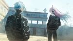  1boy 1girl aircraft blue_hair commentary crazy_raccoon earrings fagi_(kakikaki) fake_horns hair_over_one_eye headphones helicopter horns jewelry mask mouth_mask pink_hair selly55 short_hair vanilla_(crazy_raccoon) virtual_youtuber 