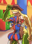 2024 4_fingers alligator alligatorid anthro biceps big_butt brown_hair bubble_butt butt candy claws clothing cowboy_hat crocodilian dessert digital_drawing_(artwork) digital_media_(artwork) duo face_in_pecs face_on_chest featureless_crotch female finger_claws fingers food food_creature fool&#039;s_hat glistening glistening_body glistening_skin glitch_productions green_body green_skin gummigoo_(tadc) gummy_(food) gummy_creature hair hat headgear headwear human jester living_candy male male/female mammal multicolored_body multicolored_skin muscular muscular_anthro muscular_arms muscular_male pec_grab pecs pomni_(tadc) reptile scalie short_hair the_amazing_digital_circus watermark white_body white_eyes white_skin yellow_body yellow_skin yoshikage_anon