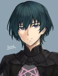  1boy armor black_cape blue_background blue_eyes cape character_name closed_mouth commentary_request fire_emblem fire_emblem:_three_houses green_eyes hair_between_eyes highres male_byleth_(fire_emblem) male_focus portrait short_hair simple_background smile solo zuzu_(ywpd8853) 