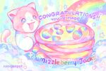  :3 animal animal_focus artist_name cat cloud colorful commentary english_commentary english_text food food_focus heart heisei_retro highres neogeopet no_humans open_mouth pancake pancake_stack pink_and_white_cat_(webkinz) pink_fur rainbow smile solo sparkle webkinz white_fur yume_kawaii 