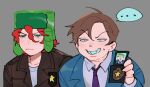  ... 2boys ahoge black_eyes blue_jacket brown_hair brown_jacket closed_mouth collared_shirt curly_hair english_commentary eric_cartman evil_smile green_eyes green_hat grey_background hair_between_eyes hand_up hat holding holding_id_card id_card jacket kyle_broflovski lapels long_sleeves looking_afar male_focus multiple_boys necktie open_clothes open_jacket purple_necktie red_hair shirt sillymechi simple_background smile south_park speech_bubble spoken_ellipsis star_(symbol) star_print suit_jacket sweatdrop t-shirt teeth upper_body v-shaped_eyebrows white_shirt 