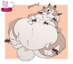 absurd_res anthro belly belly_grab belly_rub big_belly blue_eyes blush chubby_cheeks claws disembodied_hand english_text feral fluffy fluffy_tail fur generation_1_pokemon generation_7_pokemon ghost_hand good_boy hi_res huge_belly legendary_pokemon logo looking_at_belly looking_down_at_self love_handles lycanroc lying maddybakery male mew_(pokemon) murdock&#039;s_lycanroc navel neck_tuft nintendo obese obese_feral on_back one_eye_closed overweight overweight_feral pawpads pink_pawpads pink_tongue pokemon pokemon_(species) simple_background solo tail tan_body tan_fur text thick_thighs tongue tuft white_belly