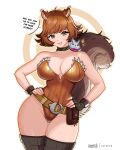  1girl ahoge animal_ear_fluff animal_ears artist_name bare_shoulders belt_buckle belt_pouch black_thighhighs breasts brown_hair brown_leotard buckle choker commentary cowboy_shot datli64 english_commentary english_text fingerless_gloves flipped_hair fluffy_tail fur-trimmed_leotard fur_trim gloves gold_belt green_choker green_eyes green_gloves hands_on_own_hips highres large_breasts leotard looking_at_viewer marvel marvel_rivals parted_lips pouch short_hair solo_focus squirrel squirrel_ears squirrel_girl squirrel_girl_(marvel) squirrel_tail strapless strapless_leotard swept_bangs tail talking thighhighs thighs tippy-toe white_background 