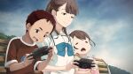 1boy 2girls =_= aged_down blue_bow blue_skirt blue_sky blue_stripes blunt_bangs bow brown_eyes brown_hair brown_shirt chest_bow child chuo_tanegashima_high_school_uniform confident cropped_shirt dress drooling fukuda_tomonori game_cg handheld_game_console head_on_another&#039;s_shoulder highres holding holding_handheld_game_console leaf leaning_on_person leaning_to_the_side looking_at_object multiple_girls nervous_sweating non-web_source official_art on_bench open_mouth outdoors pinafore_dress pink_dress ponytail red_eyes red_hair robotics;notes sailor_collar school_uniform senomiya_akiho senomiya_misaki shiny_lips shirt short_hair short_sleeves siblings sisters skirt sky sleeping sleeping_on_person sleeveless sleeveless_dress smile smug sweat t-shirt teeth tongue tree upper_teeth_only very_short_hair white_sailor_collar white_shirt white_trim yashio_kaito 