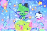  64_de_hakken!_tamagotchi :3 blush cat closed_eyes colorful commentary creature creature_focus english_commentary fish fishing fishing_rod globe green_fur heisei_retro highres holding holding_fishing_rod neogeopet no_humans nyatchi planet sitting takonyatchi tamagotchi tamagotchi_(classic) tamagotchi_(creature) tamagotchi_sei water 