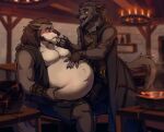 absurd_res anthro belly belly_rub belly_squeeze belt big_belly bloated bottomless bottomwear canid canine cloak clothed clothing duo embarrassed feeder feederism feeding festival food food_fetish force_feeding forced fur garm_ahlgren grey_body grey_fur hair hi_res homebrew jewelry kilt leather leather_clothing leather_topwear leather_vest lovers_moment lustful_gaze male male/male mammal mauken miramint mythological_canine mythological_creature mythology overweight overweight_male pained_expression pendant red_eyes shirtless_male shy sitting spoon_in_mouth tavern tied_hair topwear topwear_only ulrik_eklund vest vest_only werecanid werecanine werecreature werewolf yellow_eyes