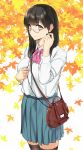  autumn_leaves bag baiyin black_hair blue_skirt bow brown_eyes earbuds earphones glasses handbag long_hair long_sleeves looking_at_viewer original pink_bow pleated_skirt school_uniform simple_background skirt solo standing thighhighs uniform 