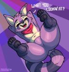 anthro big_tail dialogue eyes_closed feet feral hi_res indigo_park kerchief male mammal open_mouth pawpads paws procyonid raccoon rakurawr rambley_raccoon signature soles solo tail teasing text thick_thighs wide_hips