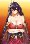  ahoge arms_under_breasts azur_lane bangs bare_shoulders black_hair blush breasts cleavage collarbone commentary_request crossed_arms crossed_bangs eyebrows_visible_through_hair facing_viewer feathers hair_between_eyes hair_ornament japanese_clothes kimono large_breasts long_hair looking_at_viewer mask mask_on_head no_bra red_eyes red_kimono red_ribbon ribbon sash standing taihou_(azur_lane) twintails very_long_hair zucchini 