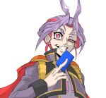  1boy cape card half-closed_eye holding holding_card jacket joeri_(yu-gi-oh!) male_focus purple_eyes purple_hair purple_jacket red_cape simple_background slit_pupils smirk solo trading_card upper_body vincent_graphic_art white_background yu-gi-oh! yu-gi-oh!_arc-v 